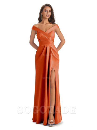 Sexy Soft Side Slit Off Shoulder V-Neck Long Satin Ladies Bridesmaid Dresses Elegant Evening Party Dress