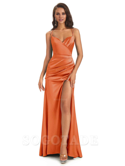 Sexy Soft Satin Side Slit Spaghetti Straps Long Maxi Mermaid Bridesmaid Dresses Elegant Evening Party Dress