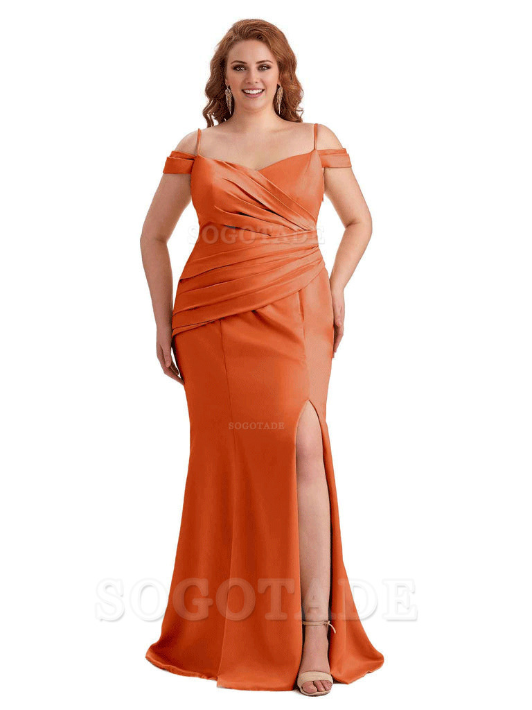 Elegant Cold Shoulder Side Slit Mermaid Soft Satin Long Plus Size Bridesmaid Gowns