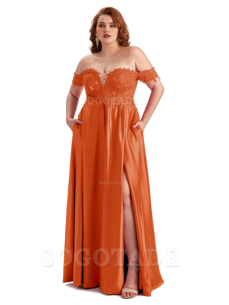 Off Shoulder Side Slit Lace Soft Satin Long Plus Size Bridesmaid Dresses For Wedding