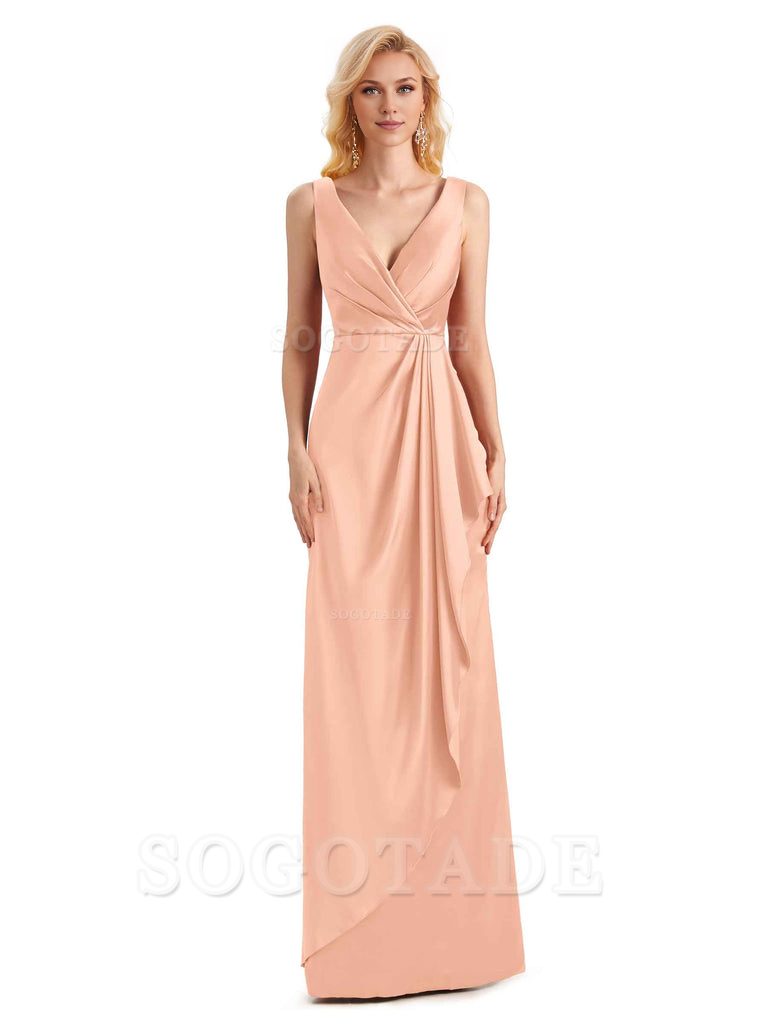 V Neck Elegant Soft Satin Formal Long Maid Bridesmaid Dresses Formal Wear Dresses
