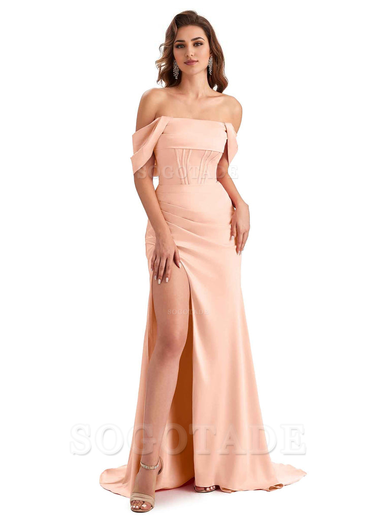 Sexy Side Slit Mermaid Soft Satin Off The Shoulder Unique Long Wedding Attendee Dresses