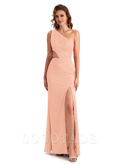 Sexy Side Slit Mermaid Lace Silky Satin One Shoulder Chic Long Bridesmaid Dresses