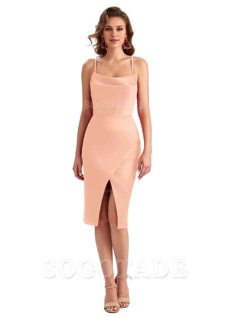 Elegant Spaghetti Straps Mermaid Soft Satin Knee Length Short Bridesmaid Dresses