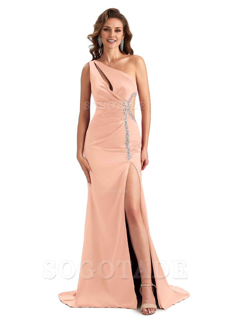 Sexy Side Slit Mermaid Soft Satin One Shoulder Lace Long Bridesmaid Dresses