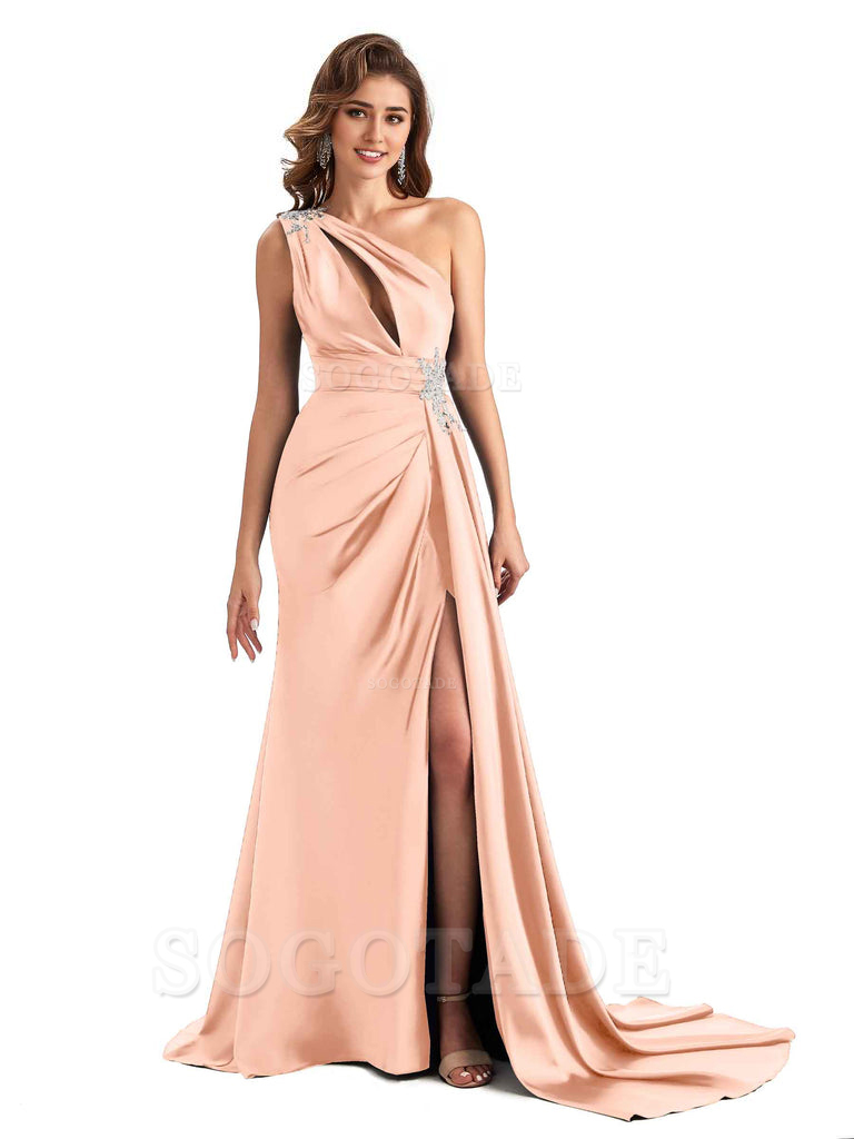 Sexy Side Slit Mermaid Soft Satin One Shoulder Lace Long Modern Bridesmaid Dresses