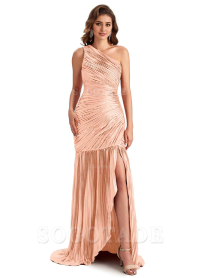 Sexy Side Slit Mermaid Soft Satin One Shoulder Long Ladies Bridesmaid Dresses Online