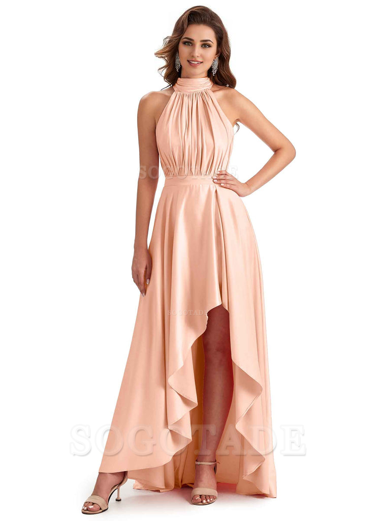 Soft Satin High Neck High Low A-Line Unique Bridesmaid Dresses Online