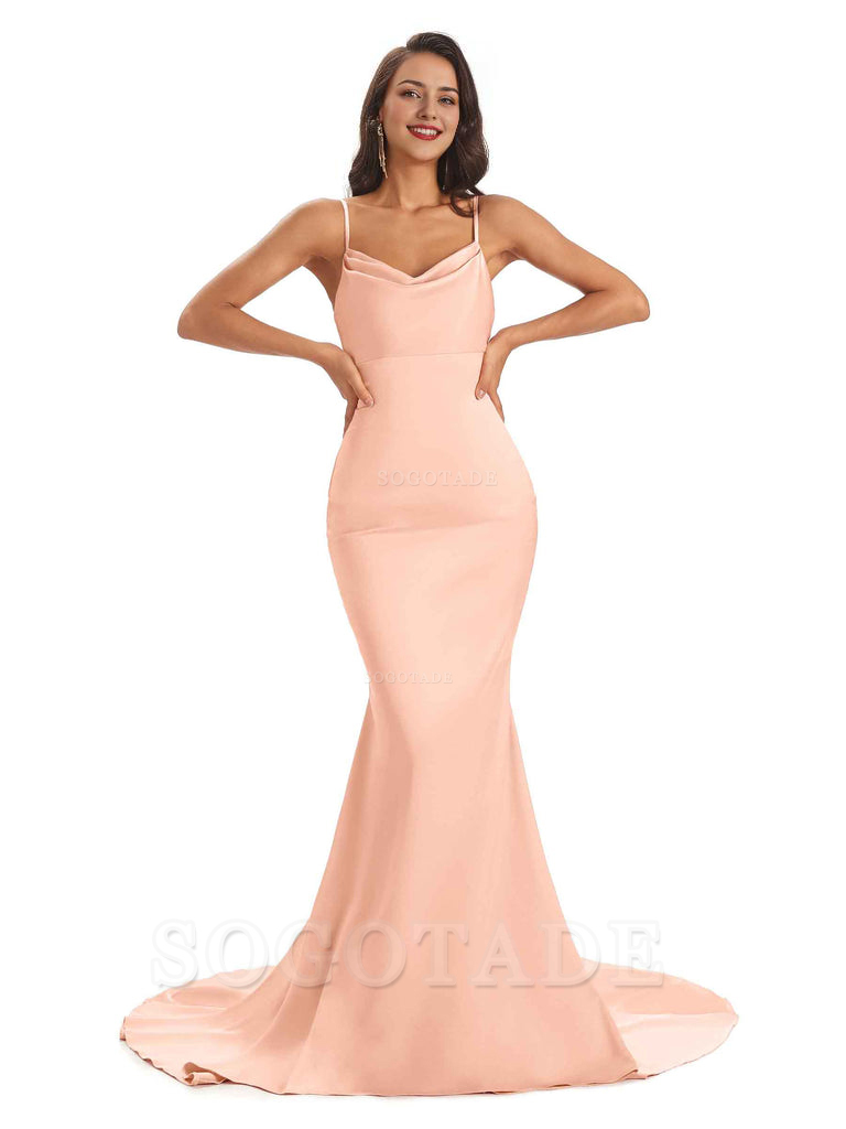 Sexy Backles Soft Satin Spaghetti Straps Maxi Mermaid Bridesmaid Dresses Online prom shop dresses