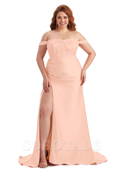 Elegant Off The Shoulder Side Slit Mermaid Soft Satin Floor Length Long Plus Size Bridesmaid Gowns