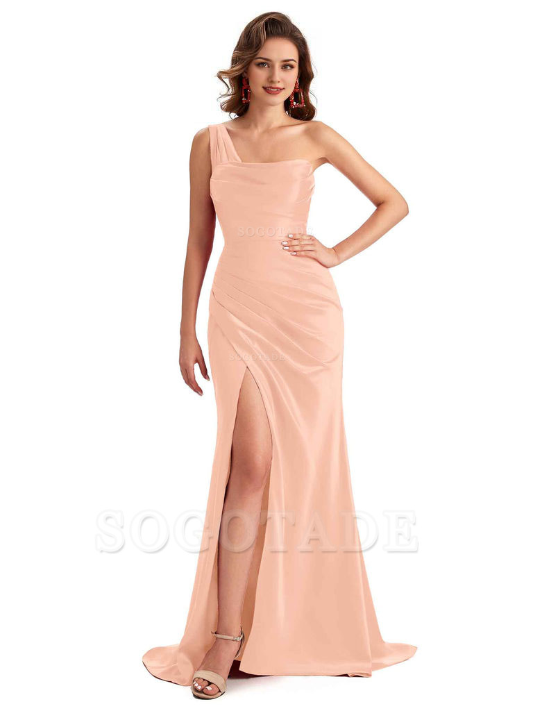 Sexy One Shoulder Side Slit Silky Satin Chic Long Mermaid Trumpet Bridesmaid Dress