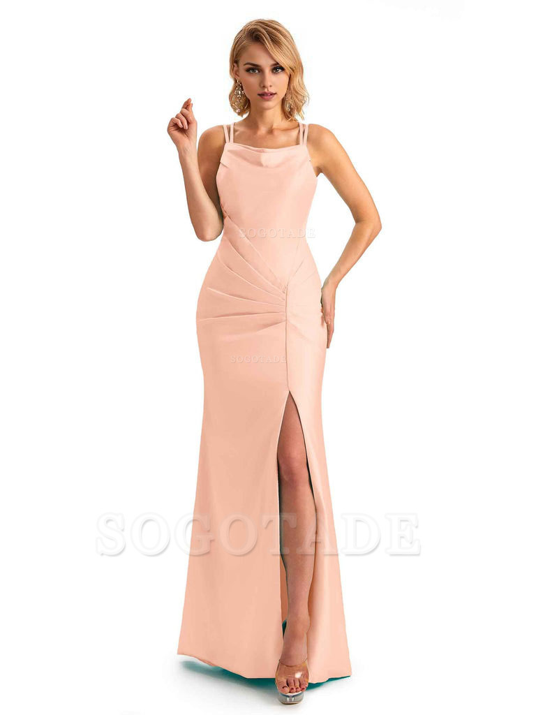 Soft Satin Spaghetti Straps Side Slit Long Unique Mermaid Beautiful Dresses For Wedding