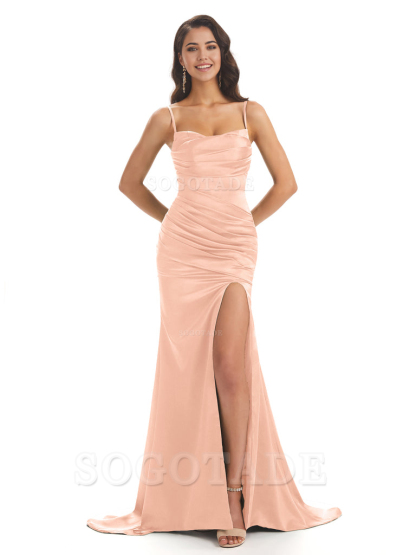 Mermaid Spaghetti Straps Satin Side Slit formal dresses evening gown Bridesmaid Dresses