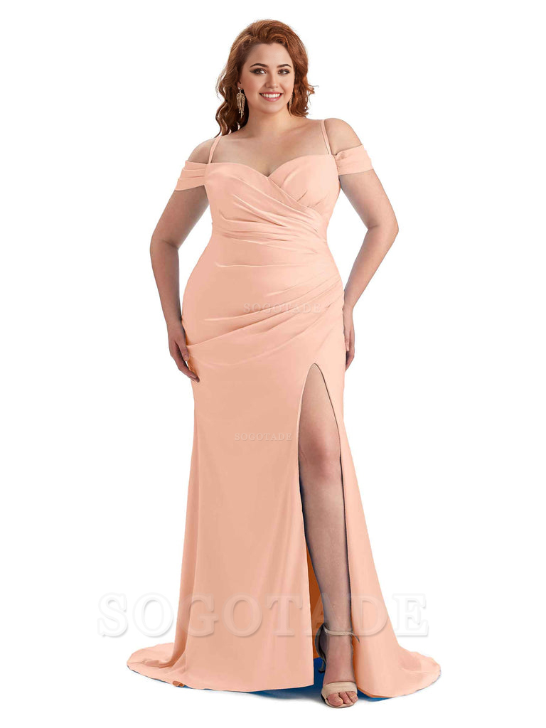 Sexy Side Slit Sleeveless Cold Shoulder Mermaid Soft Satin Long Plus Size Maid of Honor Dresses