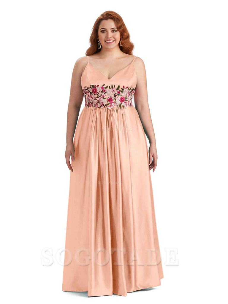 Unique Lace Spaghetti Straps Sleeveless Soft Satin Long Plus Size Bridesmaid Dress For Wedding