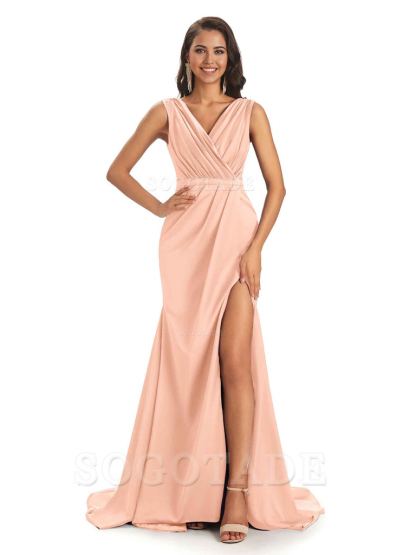 A-line V-neck Floor-Length Satin formal dresses evening gown Bridesmaid Dresses With Side Slit 