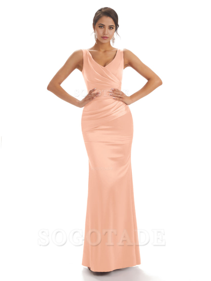 Sheath Sleeveless V-neck Floor-Length Satin formal dresses evening gown Bridesmaid Dresses With Pleats 