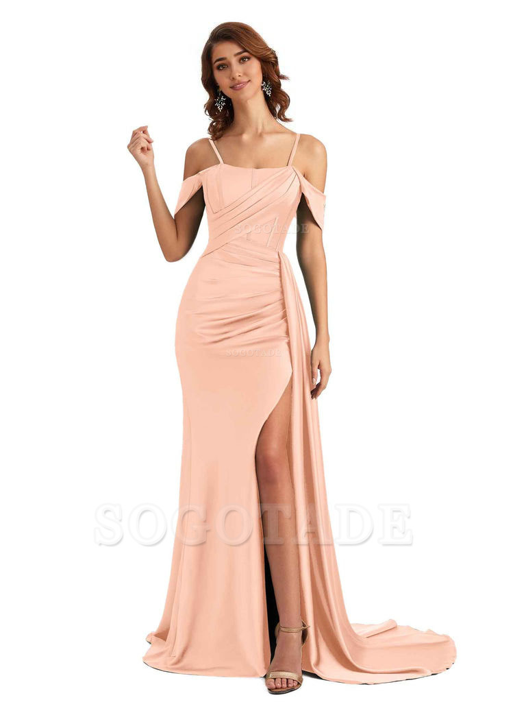 Sexy Side Slit Cold Shoulder Mermaid Satin Chic Long Wedding Guest Dresses