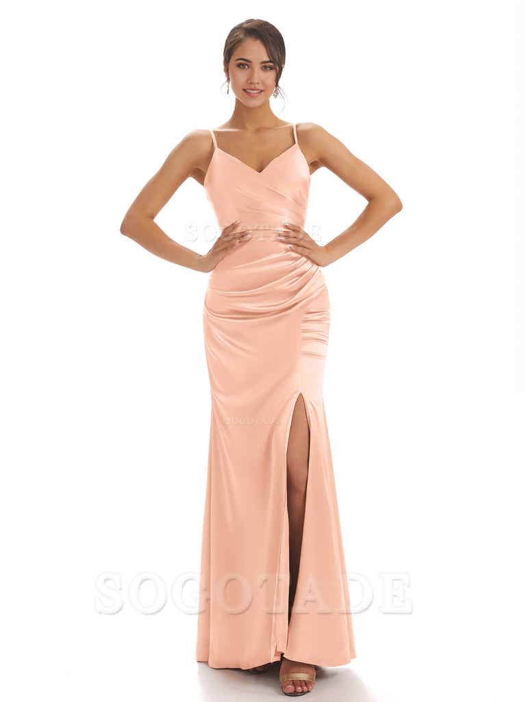 Spaghetti Straps Pleats Satin formal dresses evening gown Bridesmaid Dresses With Side Slit 