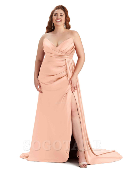 Sexy V-neck Side Slit Sleeveless Mermaid Soft Satin Long Plus Size Bridesmaid Gowns