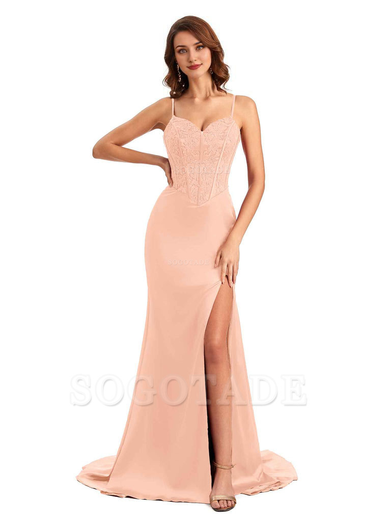 Sexy Side Slit Mermaid Silky Satin V-Neck Lace Unique Long Bridesmaid Dresses