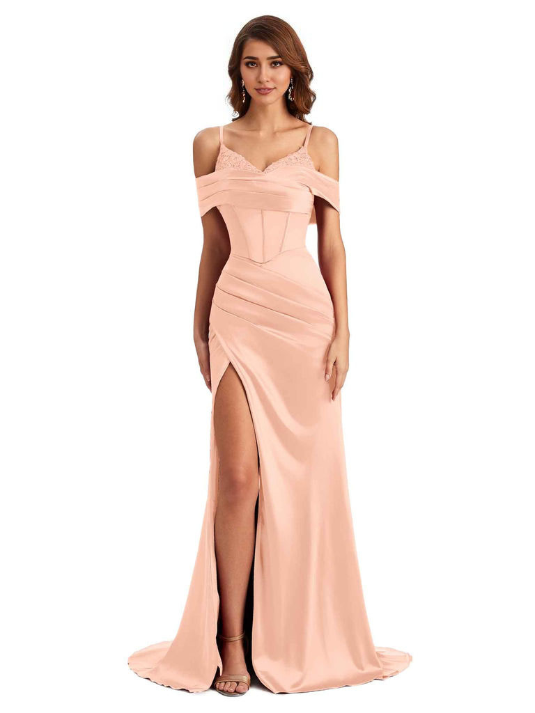  Sexy Side Slit Mermaid Silky Satin V-Neck Cold Shoulder Unique Nice Wedding Guest Dresses