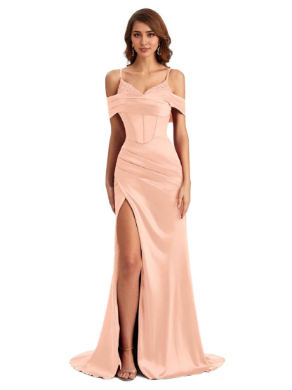  Sexy Side Slit Mermaid Silky Satin V-Neck Cold Shoulder Unique Nice Wedding Guest Dresses