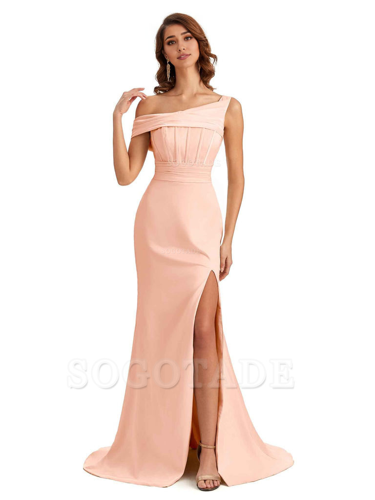 Elegant Asymmetrical Neck Soft Satin Side Slit Long Mermaid Bridesmaid Dresses