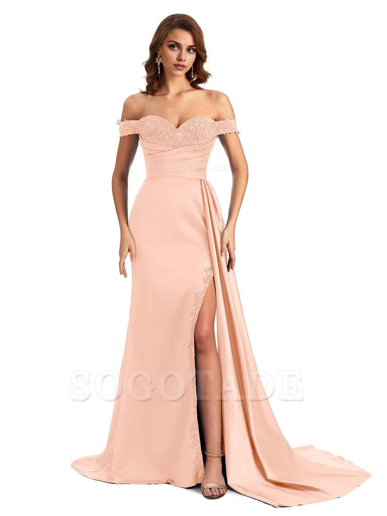 Sexy Off The Shoulder Mermaid Side Slit Silky Satin Long Bridesmaid Dress For Wedding