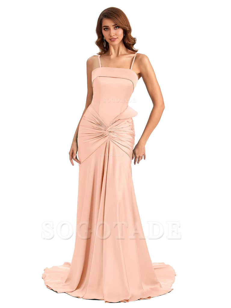 Sexy Mermaid Spaghetti Straps Silky Satin Unique Long Bridesmaid Dress For Wedding