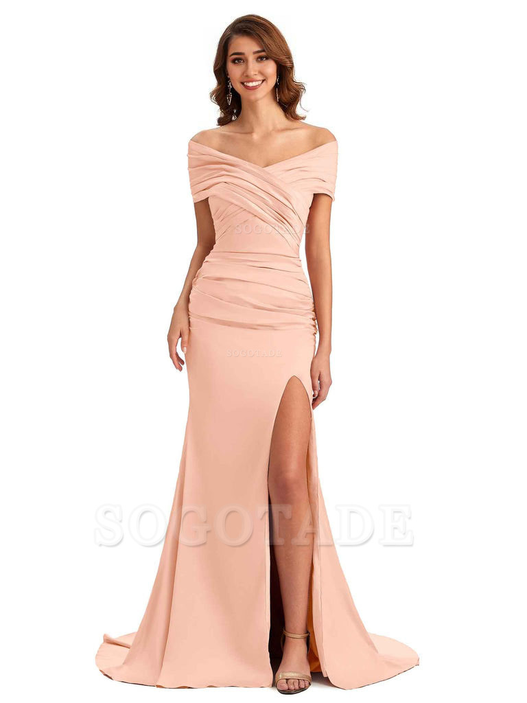 Sexy Off The Shoulder Side Slit Mermaid Satin Unique Long Formal Wedding Guest Dresses