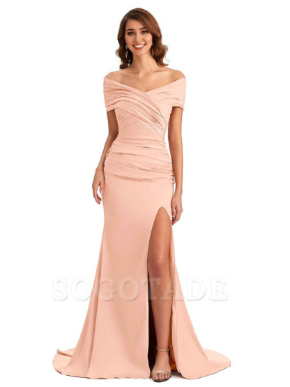 Sexy Off The Shoulder Side Slit Mermaid Satin Unique Long Formal Wedding Guest Dresses