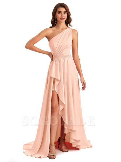 Sexy One Shoulder A-Line High Low Silky Satin Lace Long Formal Wedding Guest Dresses