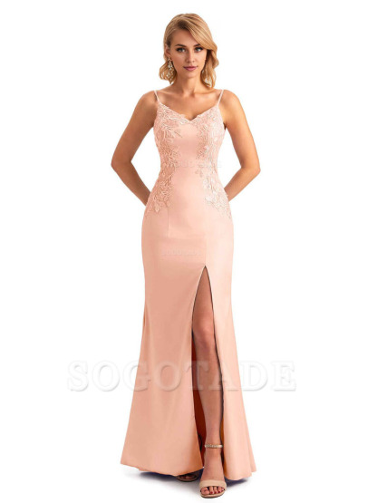 Sexy Side Split Mermaid Spaghetti Straps Soft Satin Unique Lace Long Bridesmaid Dresses