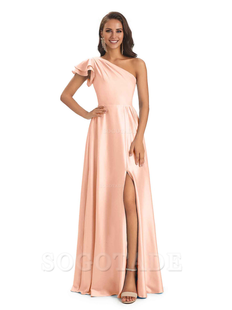 A-Line One Shoulder Ladies Long Bridesmaid Dresses Soft Satin Side Slit Elegant Evening Party Dress