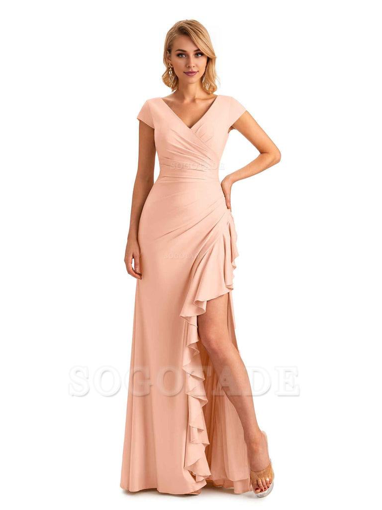 Sexy Side Slit Short Sleeves Mermaid Soft Satin Unique Long Maid Of Honor Dresses