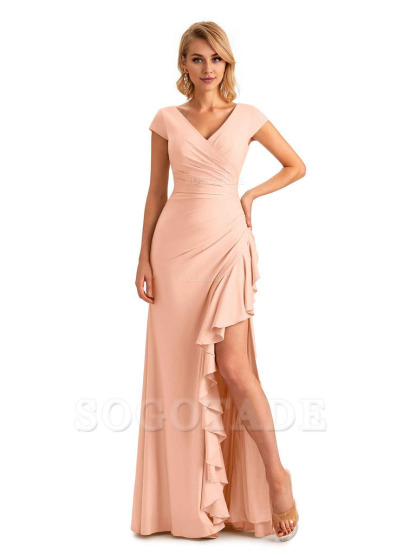 Sexy Side Slit Short Sleeves Mermaid Soft Satin Unique Long Maid Of Honor Dresses