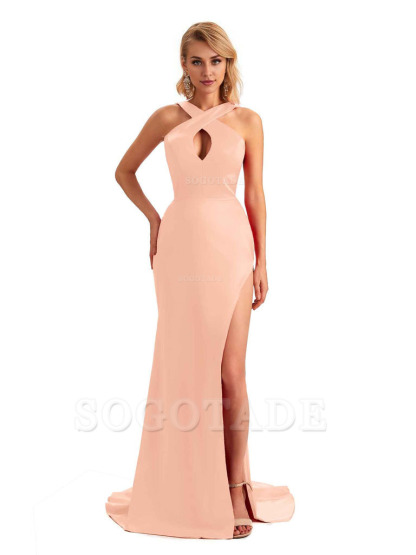 Sexy Side Slit Halter Mermaid Silky Satin Unique Long Formal Wedding Bridesmaid Dresses