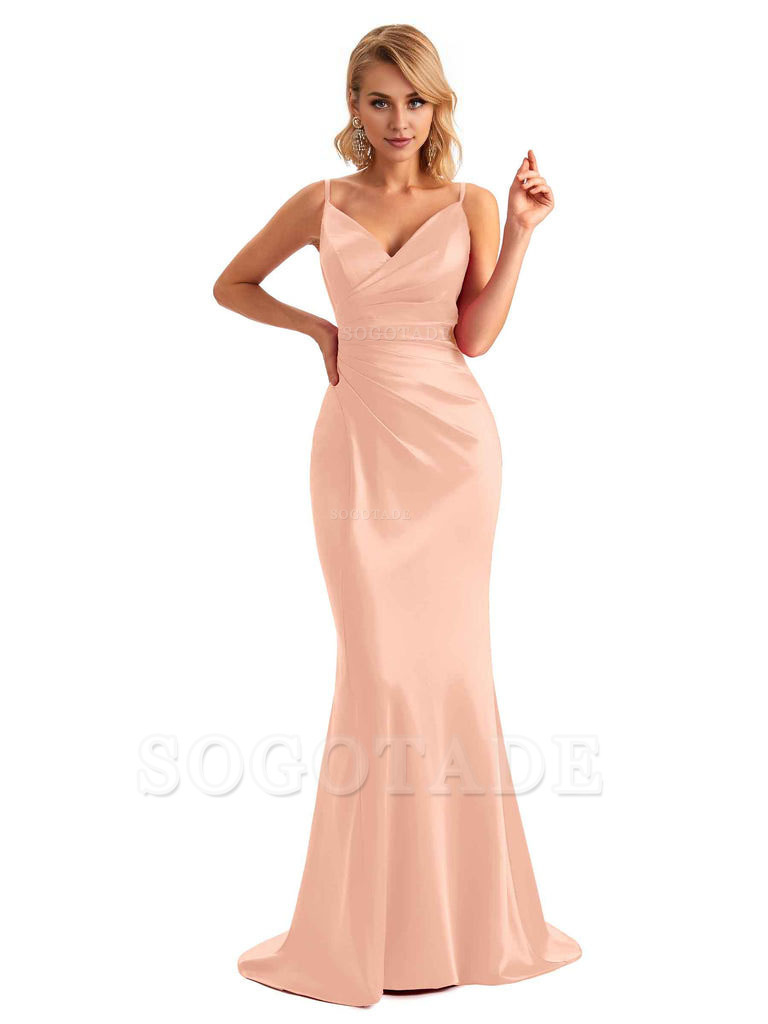  Sexy Backless Mermaid Spaghetti Straps Unique Long Formal Satin Dress For Women