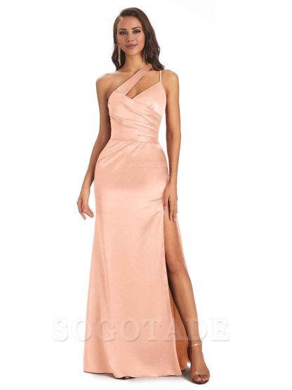 Elegant Soft Satin Side Slit One Shoulder Floor-Length Maxi Bridesmaid Dresses Evening Party Dress