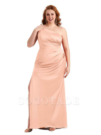 Sexy Side Slit One Shoulder Mermaid Soft Satin Long Plus Size Maid of Honour Dresses