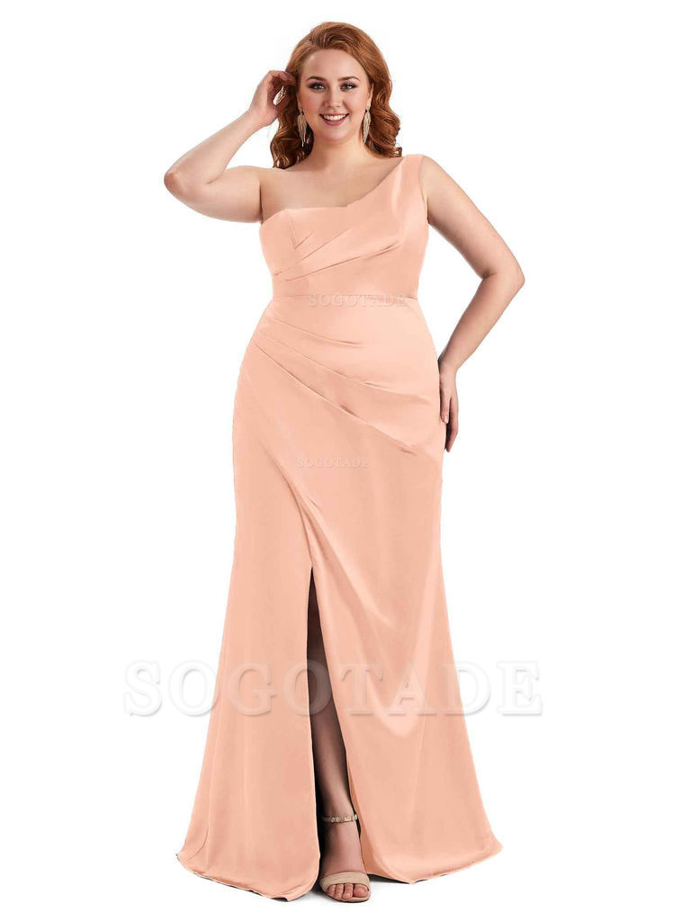 Sexy Side Slit One Shoulder Mermaid Long Plus Size Satin Maxi Dresses