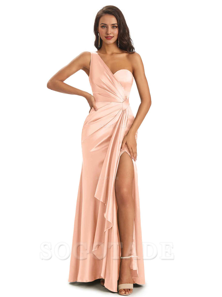 Elegant Soft Satin Side Slit One Shoulder Unique Mermaid Bridesmaid Dresses Online prom dresses shops