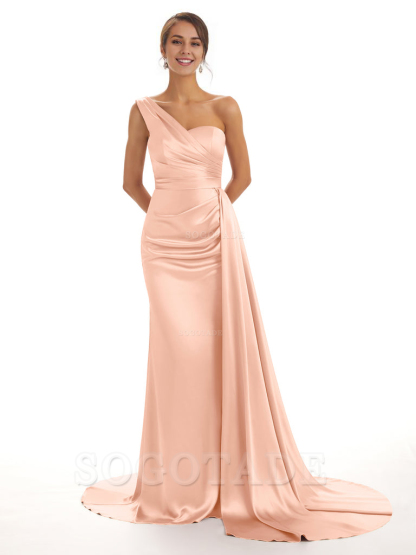 Elegant One Shoulder Soft Satin Unique Mermaid Long Bridesmaid Dresses Online prom dresses shops