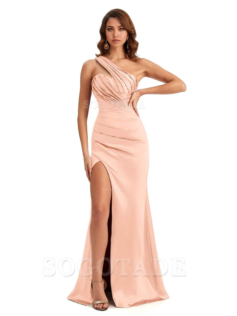 Sheath One shoulder Satin formal dresses evening gown Bridesmaid Dresses With Side Slit 