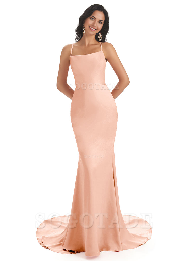 Mermaid Spaghetti Backless Straps Satin Long formal dresses evening gown Bridesmaid Dresses