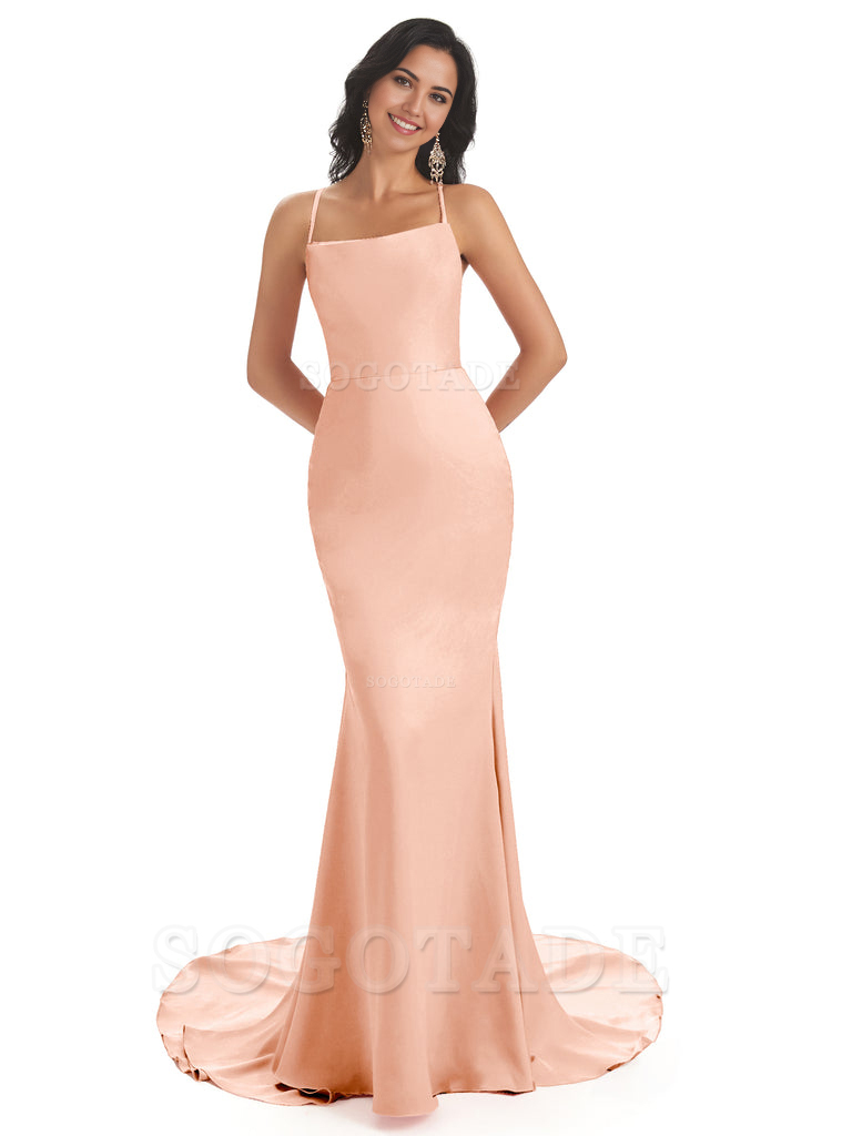Mermaid Spaghetti Backless Straps Satin Long formal dresses evening gown Bridesmaid Dresses