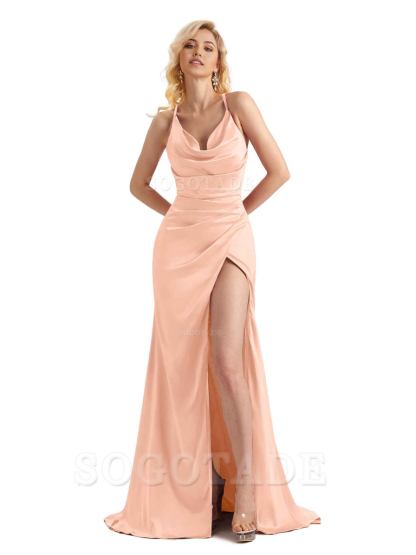 Sheath Cowl Neck Satin formal dresses evening gown Bridesmaid Dresses With Side Slit 