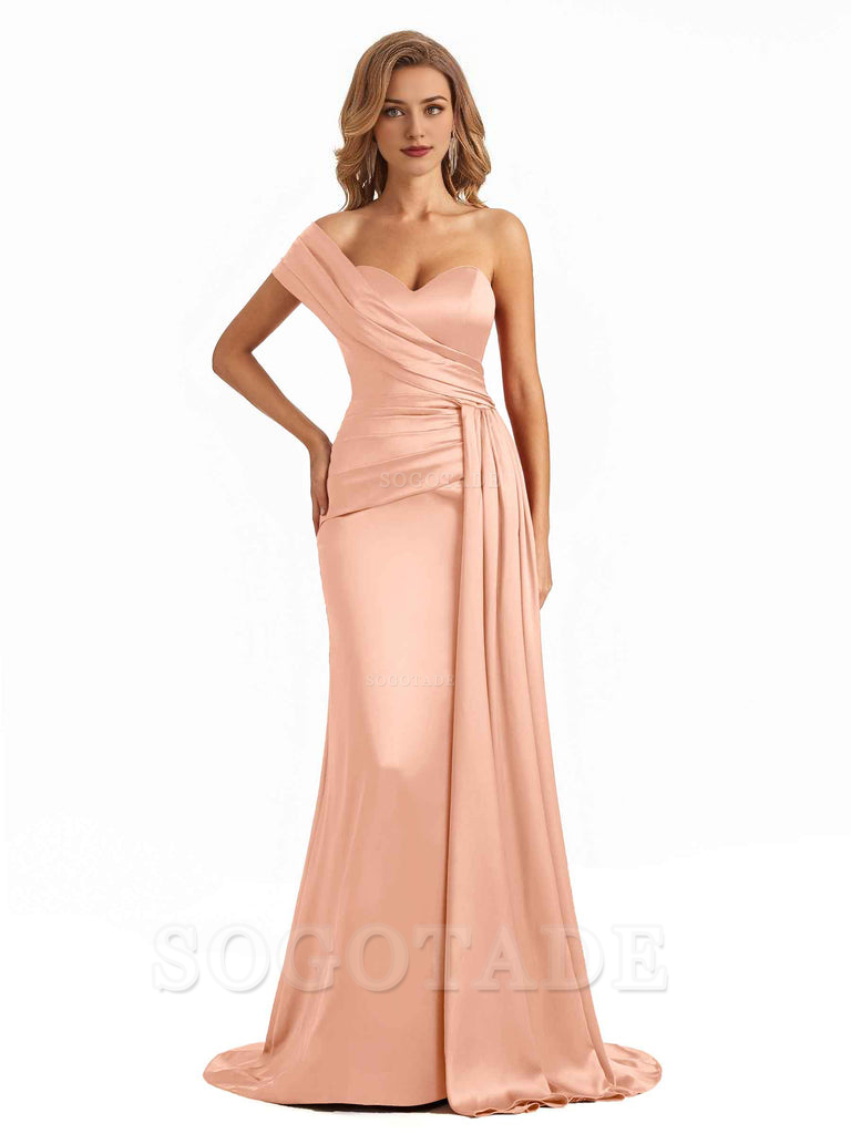 Elegant One Shoulder Soft Satin Long Mermaid Bridesmaid Dresses Online prom shop dresses ﻿