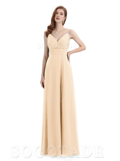 Chiffon V-Neck Spaghetti Strap Floor-Length Side Fork Long Bridesmaid Dresses Formal Women's Dresses Wedding Guests Dresses